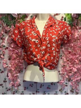 Garage red floral tie front blouse Size XS #floral #femme